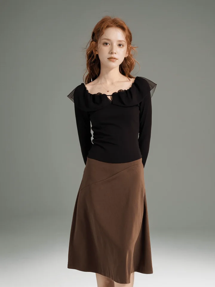 卓芝 一字肩デザインのストレッチ長袖Tシャツ【メッシュパネル・フィットタイプ】