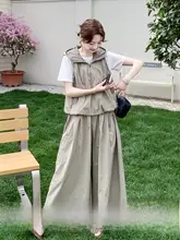 カジュアルなワークスタイル フード付きベスト【感あるワイドスカートパンツ・夏用】（セットアップ対応）