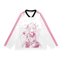 かわいいキャラクター柄Vネックスポーツシャツ【ゆったりとしたシルエット・長袖・サテン生地】