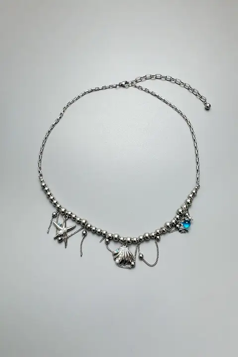 貝殻とヒトデのメタルタッセルネックレス【ビーズデザイン・セレブ感・個性的】