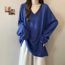 秋季新作の大きいサイズ レディースVネック長袖Tシャツ【フィット・カジュアル・スリム効果】