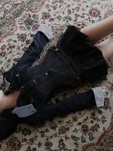 ウエストリボン付き レトロ風デニム風Aラインミニスカート【立体ポンポンデザイン】