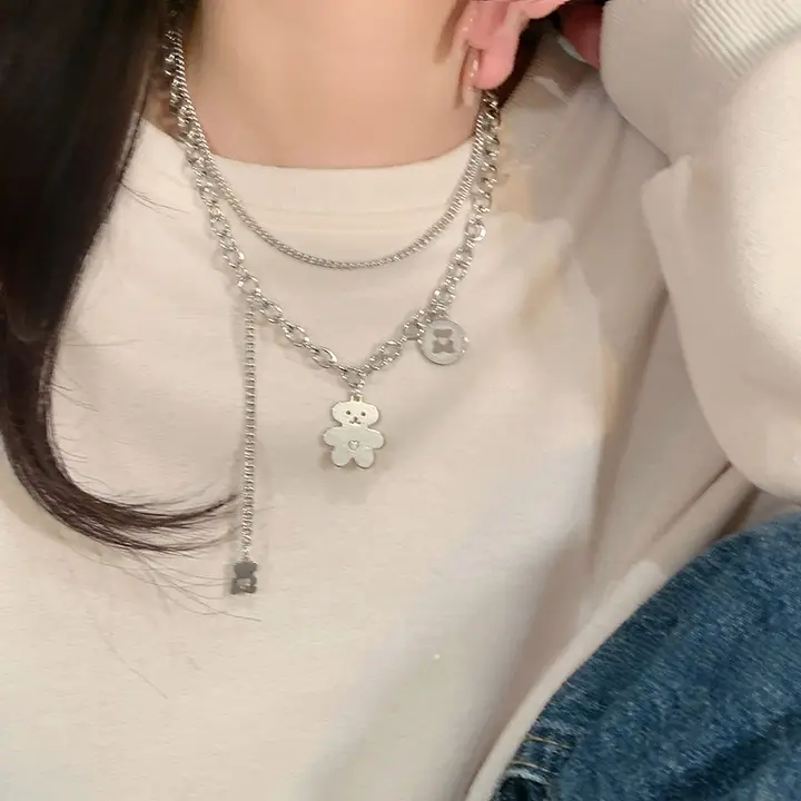 チタン製ダブルレイヤー小熊ペンダントネックレス【ヒップホップスタイル・女性用・ロックチェーンデザイン】