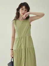 AMUU オリジナル ラウンドネック グリーン 無袖ワンピース【デザイン性のある切替・夏用】