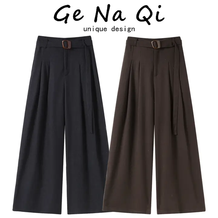 韓国風デザインの落ち感のあるワイドレッグパンツ【秋冬用・体型カバー・フィット】