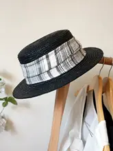 黒色レトロコットンリネン素材中式編み平頂帽子【夏用・日焼け防止・女性用】