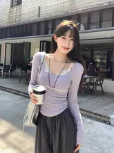 紫色のタイトフィット長袖Tシャツ【レースパッチワーク・春用・インナー】