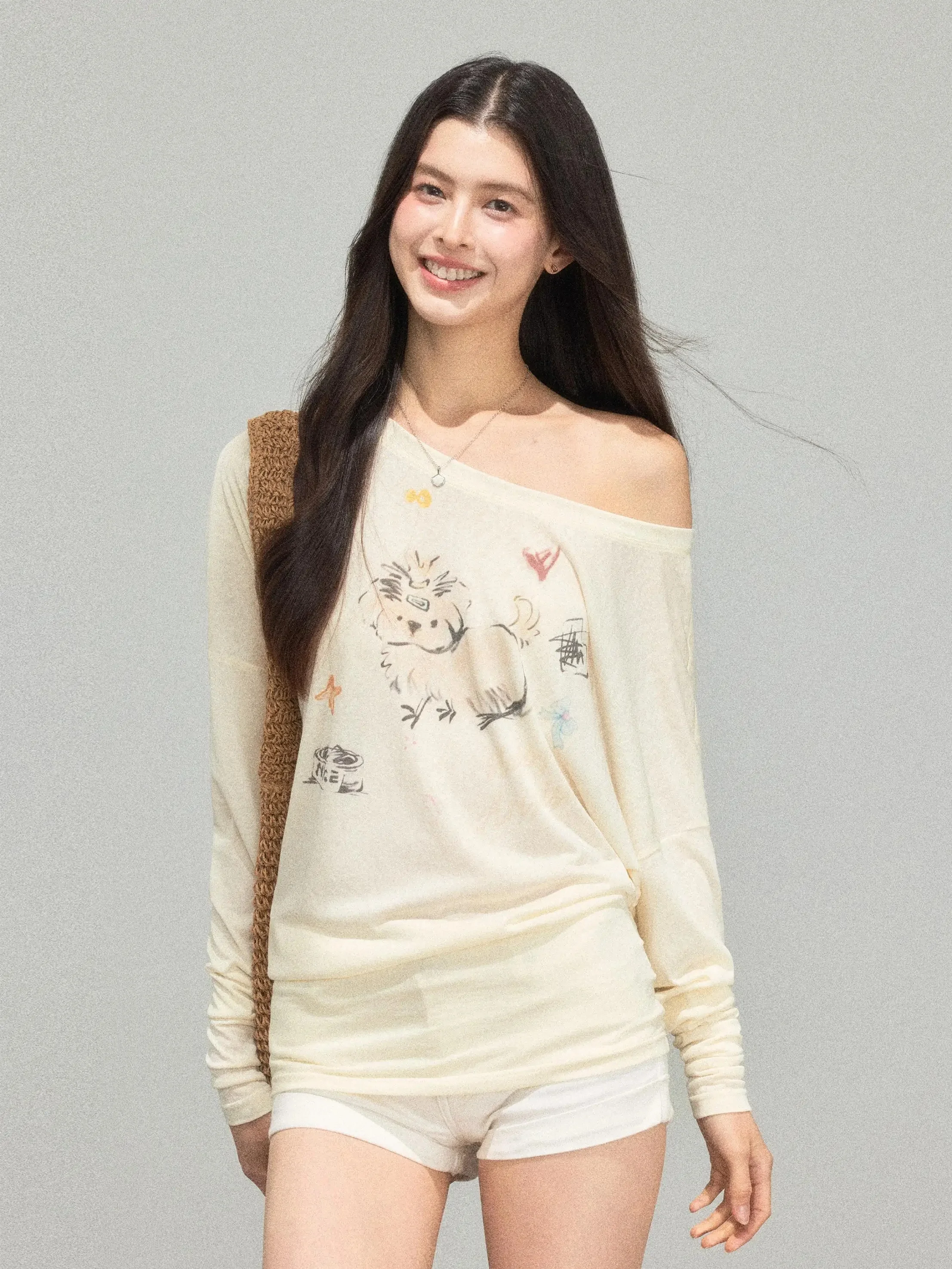 アメリカンレトロ オフショルダー薄手UVカット長袖Tシャツ【春用・ゆったりデザイン】