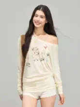 アメリカンレトロ オフショルダー薄手UVカット長袖Tシャツ【春用・ゆったりデザイン】