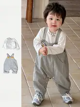 ストライプ柄の男の子用サロペットパンツ【綿１００％・春秋用・お出かけに最適】（セットアップ 対応）