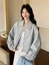 春用 レディース ショートレザージャケット【パステルブルー・翻领デザイン】