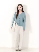 KNgs 秋用レトロシンプルカラーVネック長袖ニットカーディガン
