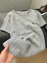 学院風の透かし編みニットTシャツ【夏用・ハート刺繍・コントラストカラー・ラウンドネック・インナー対応】