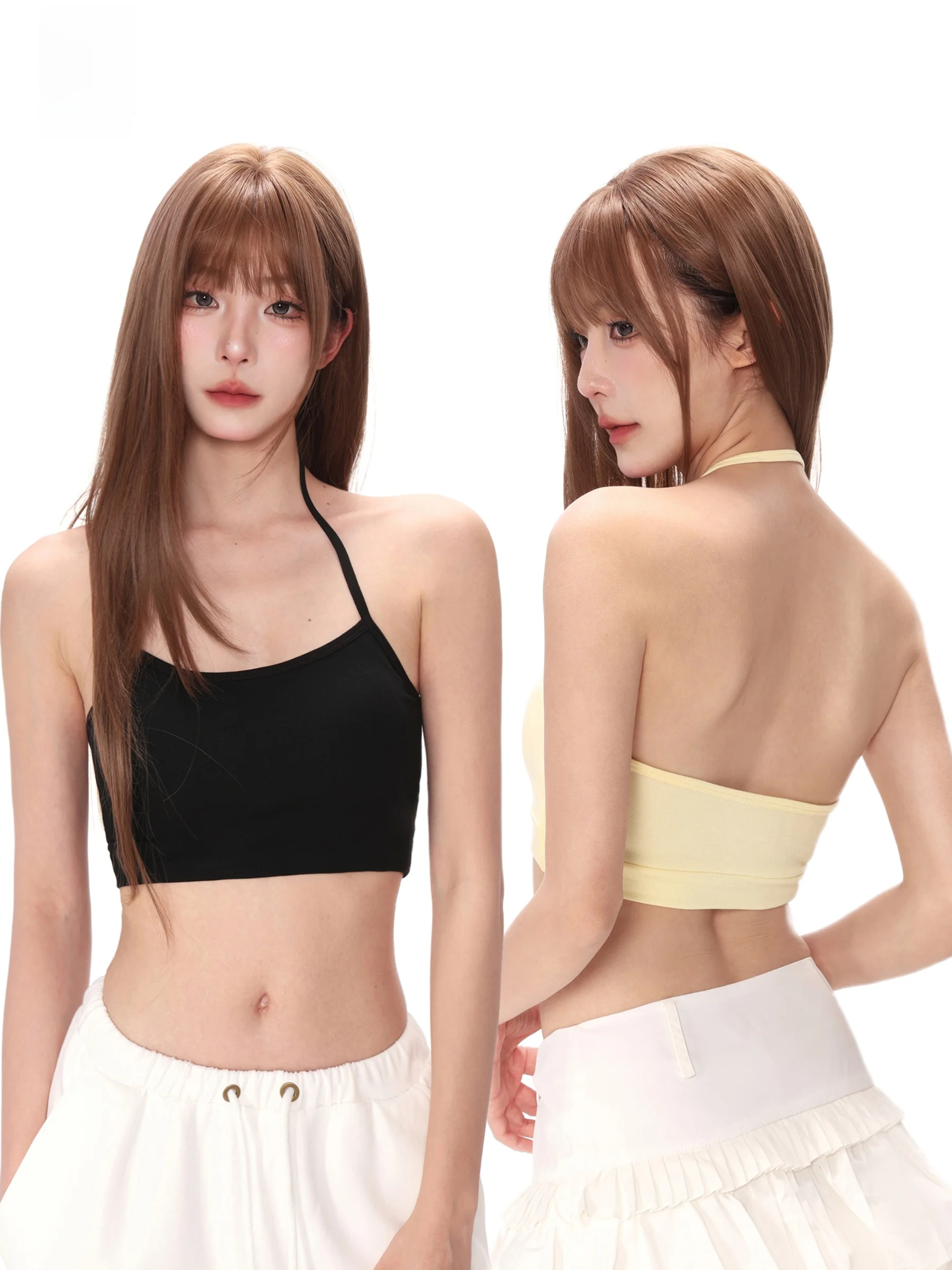 夏用オフショルダー背中開きキャミソール女性用：一体型ブラ付きで美背デザインを実現
