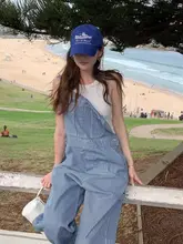 レトロスタイルのストライプデザインデニムサロペットパンツ【広めのポケット・女性用】