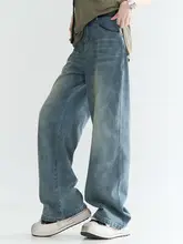 春秋用 ゆったりデザインのウォッシュ加工デニムパンツ【ストレート・カジュアル】