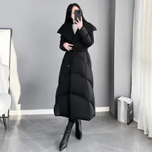 大きめ襟の白鹅绒ダウンコート【ロング丈・ウエストマーク・上品デザイン】