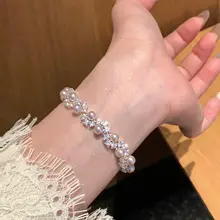 上品な輝き！パールとダイヤモンド風ジルコンのブレスレット【女性用・ギフトに最適】