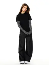 長袖Tシャツ レディース アメリカン風 ストライプ パッチワーク フェイクレイヤード ルーズ 着痩せ インナー 春物 「BLACKBB」