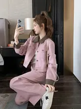 2点セット レディース デニム ワーク風 ワイドパンツ ピンク 着痩せ 若々しい 甘め 秋