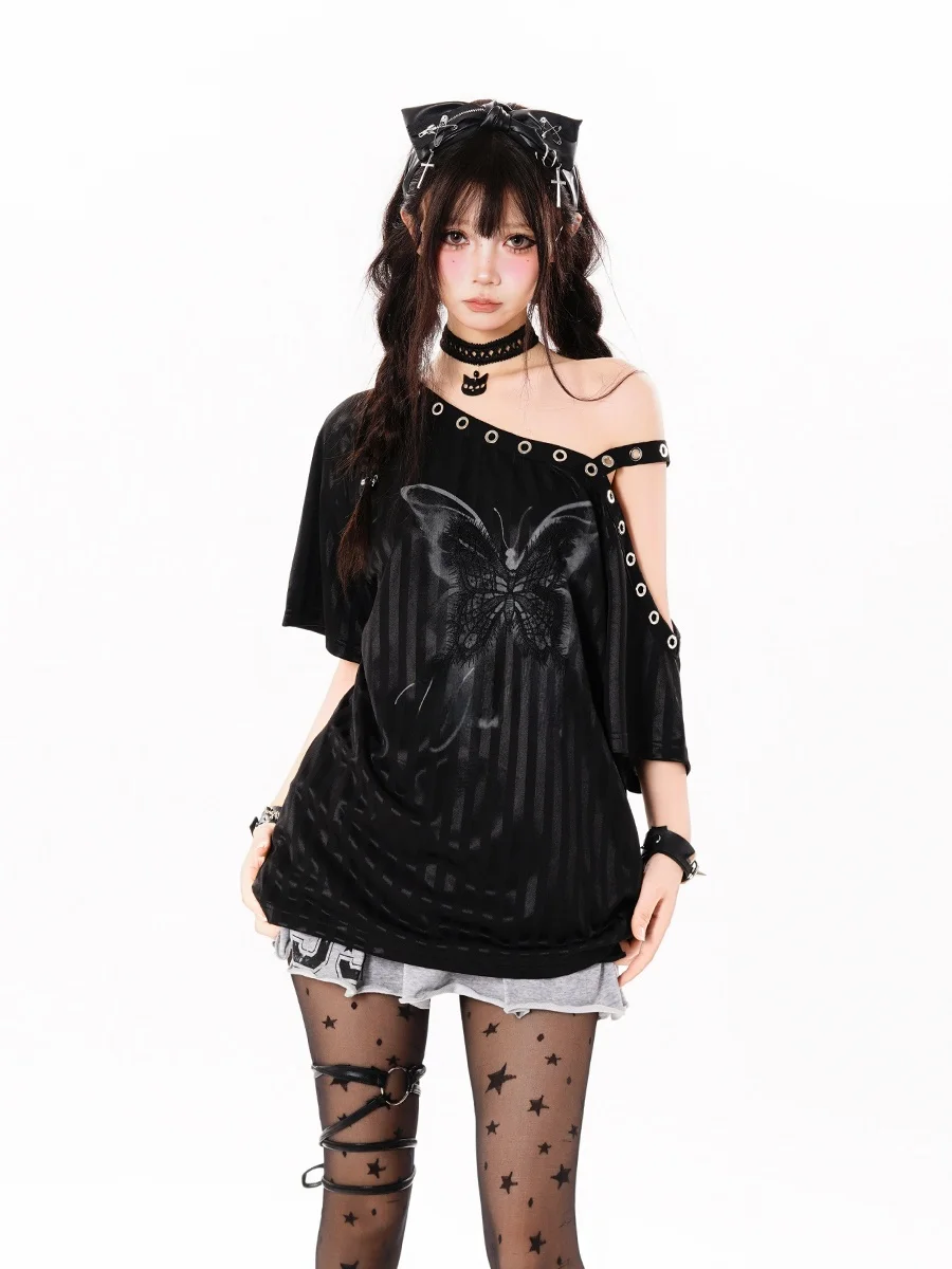 アウトドアTシャツ：レトロアンダーグラウンドスタイルのオフショルダーティーシャツ【夏用・ゆったり・UVカット】