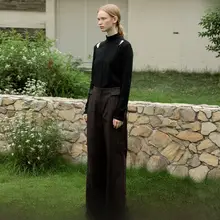 ストライプ柄 フィットハイウエストパンツ【麻混素材・カジュアル・ビジネス】（セットアップ対応）