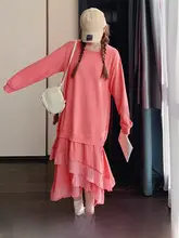 春秋用ゆったりとしたデザイン！パウダーピンクフード付きワンピースドレス【フィッシュテール・カジュアルスタイル】