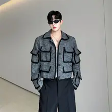 多ポケットデザインの男性向けショートジャケット【ヴィンテージ風・ファッショナブル・春用】（セットアップ対応）