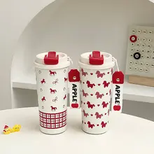 赤い保温カップ【本命年用・男女兼用・携帯に便利・ストロー付き】