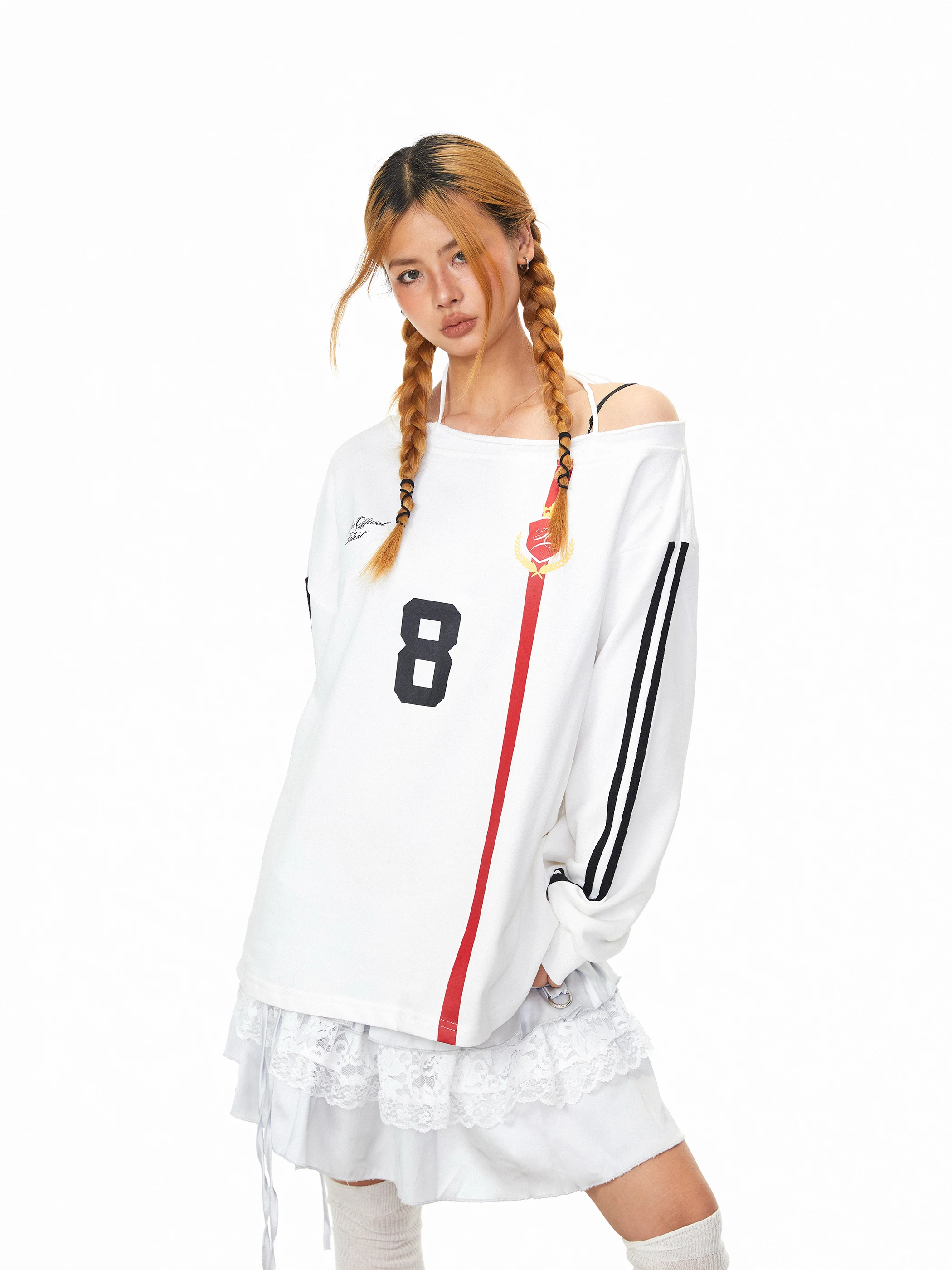 バイカラー切り替えプリントノースリーブオフショルダー長袖Tシャツ【秋用・アメリカンカジュアル】