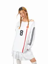 バイカラー切り替えプリントノースリーブオフショルダー長袖Tシャツ【秋用・アメリカンカジュアル】