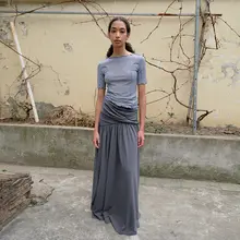 Tシャツ レディース インナー 半袖 クルーネック 正肩 巻きヘム タイトシルエット デザイン 秋物「GREEN BELT」