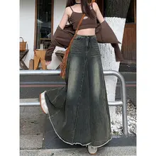 大きいサイズ レディース ヴィンテージ風 アメリカンデザイン デニム マーメイドスカート【ハイウエスト・フリンジデザイン・Aライン】