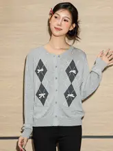 リボン付きダイヤモンド柄ニットカーディガン【ゆったりとした秋用・女性用】（セットアップ対応）