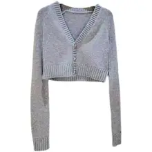 レトロVネック長袖短丈キャッシュミーアウター【秋用・柔らかいニット】