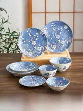 日本製 ブルー桜デザイン 陶器製食器セット【家庭用・ご飯茶碗・大皿・麺鉢】