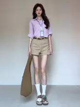 夏用カジュアルカーキデニムショートパンツ【ゆったりしたデザイン・大人っぽい雰囲気】（セットアップ対応）