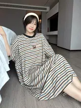 ストライプ柄 半袖コットンナイトドレス【夏用・ロング・大きいサイズ・マタニティ対応】