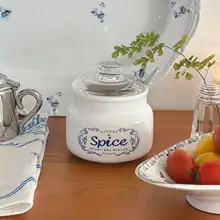 Syuku art オリジナルデザインのフレンチスタイル ブルーフラワー セラミック 調味料瓶【ヴィンテージ風】