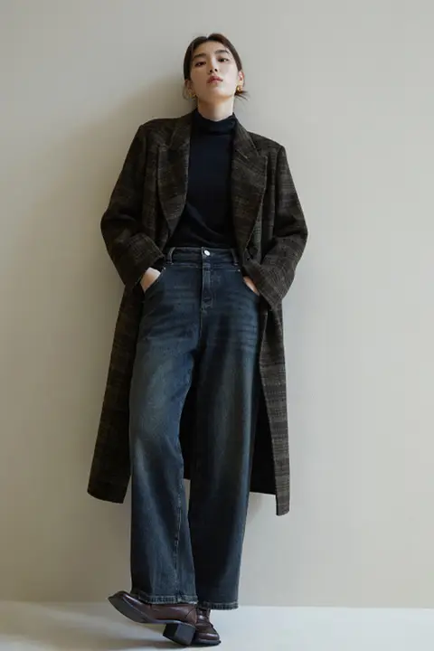 レディース 大きいサイズのシンプルなチェックコート【ウール素材・冬用・スーツカラー】