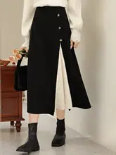 新中式デザインの黒い半身スカート【春用・スリット入り・カジュアル】（セットアップ対応）