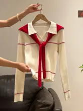 白色翻领のコントラストカラー長袖ニットカーディガンとデニムパンツ【冬用・女性用】【セットアップ対応】