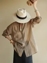 自然のインスピレーション！軽やかなカキリ色の手編みボタン付きシャツ【日よけシャツ・銅アンモニア素材】