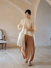 洗える麻素材のデザイン感あるホワイトランタンパンツ【甘茶シリーズ・牛角包デザイン】