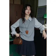 デザイン性が高い！麻花編みニットプルオーバー風のストライプシャツ【長袖・女性用・カジュアル】（セットアップ対応）