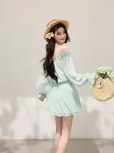 春夏用 通気性の良いチュニックドレス【グリーン・オフショルダー・二重層・エレガントなシルエット】