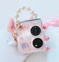 防摔透明スマートフォンケース【Huawei Pocket 2対応・女性向け・長背パーツ付き・斜め掛け・折りたたみ式】