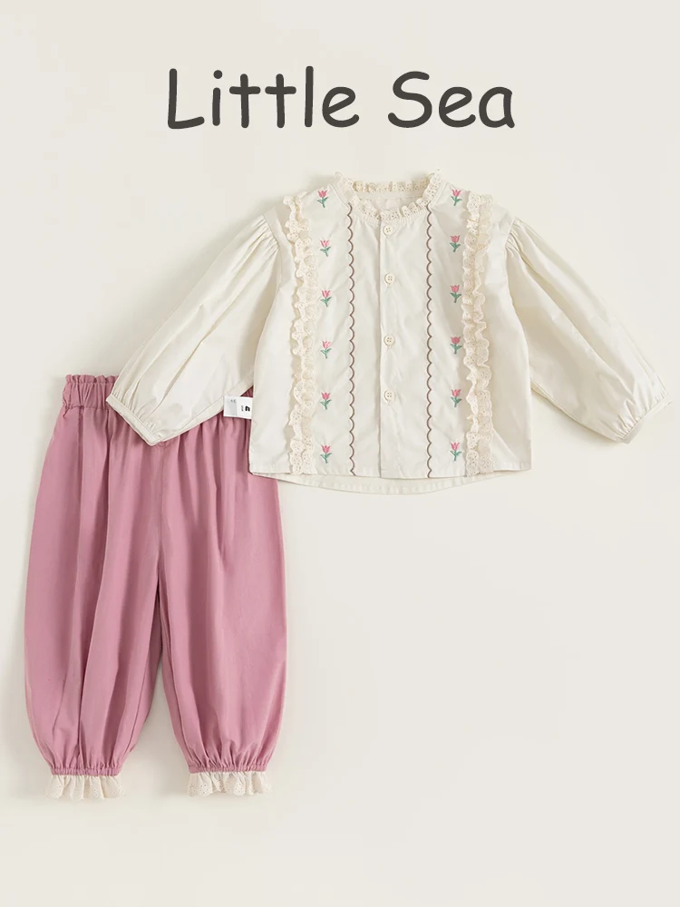 春季フレンチスタイルの子供用花柄刺繍シャツ＆パンツ（セットアップ対応）：20度服装の子供向け通気性と保温性のバランスを実証