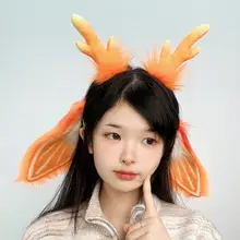 オレンジ模様のウサギ耳ヘアバンド【ハンドメイド・リアルなシカ角デザイン・パーティーやマン展用】