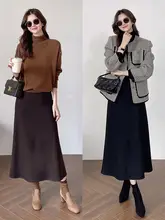 シンプルな真丝羊绒Aラインスカート【高ウエスト・通勤用・ロング丈】